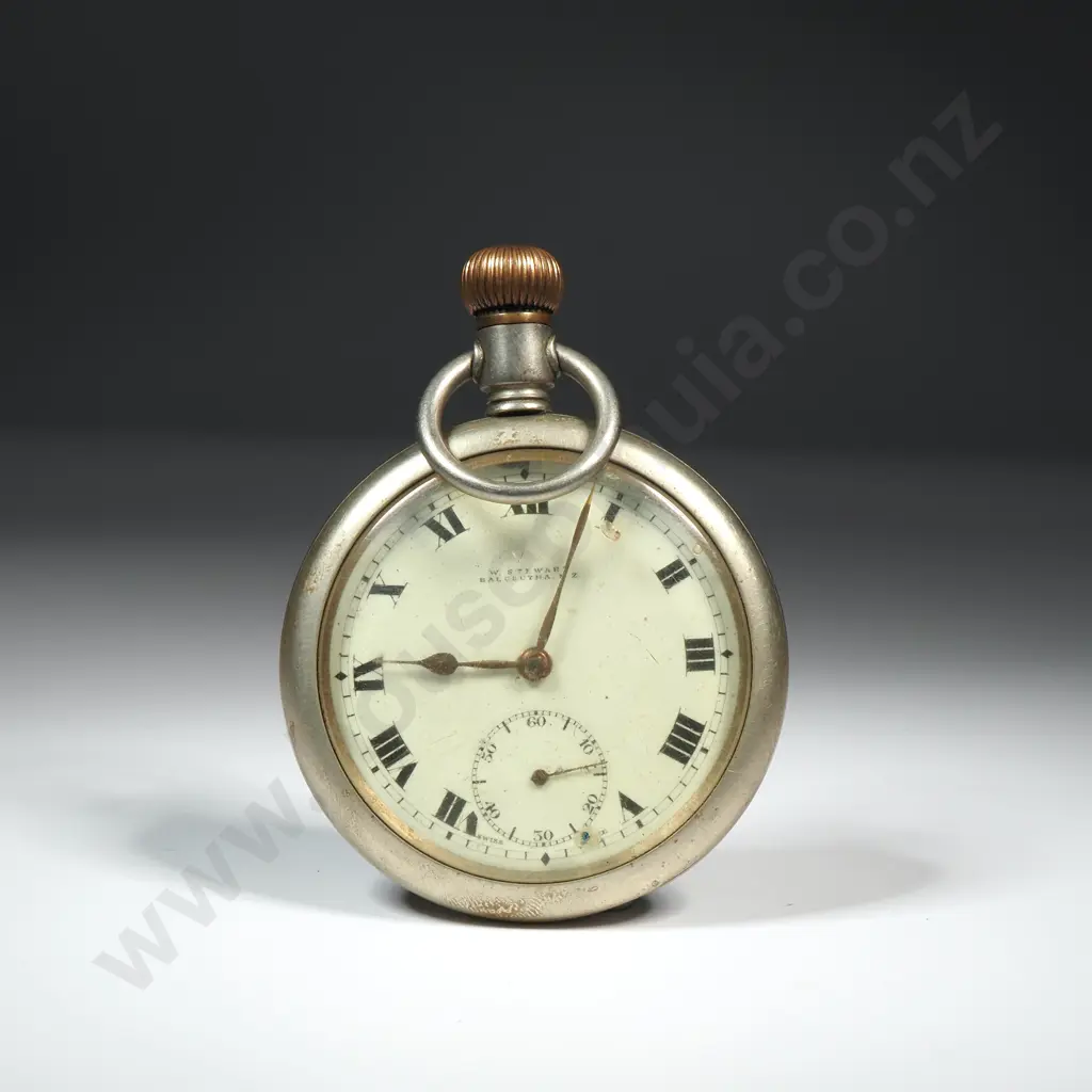 Antique Nickel Cased Pocketwatch by W Stewart of Balclutha NZ Image 1++