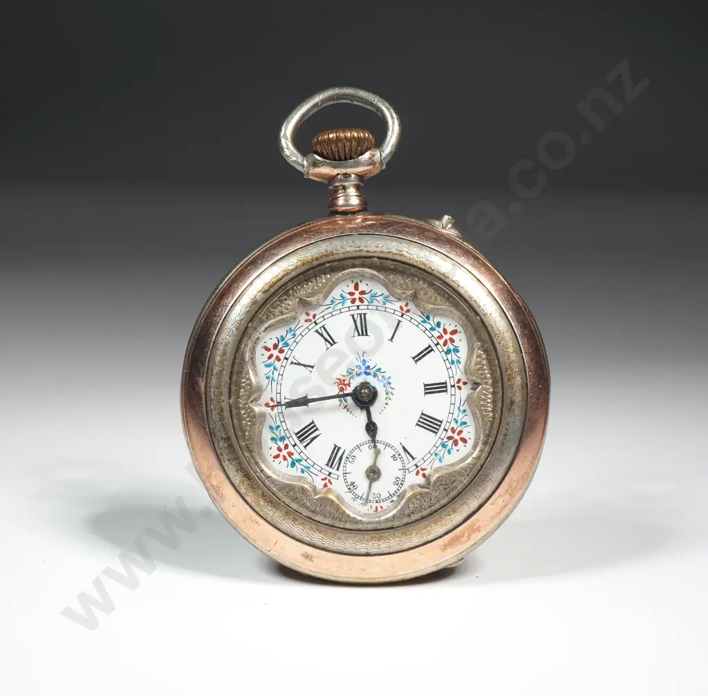 Fancy .800 Silver & Gold Pocket Watch w Flower Motif on Enamel -1902 Dated Lille Image 1++