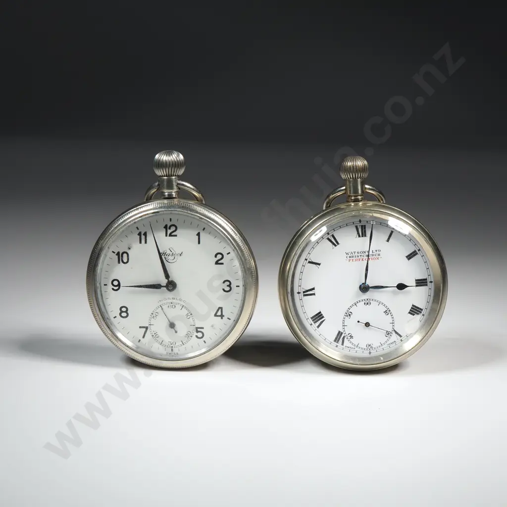 Two Open Face Nickel Pocket Watches DF&C for Watsons Christchurch Image 1++