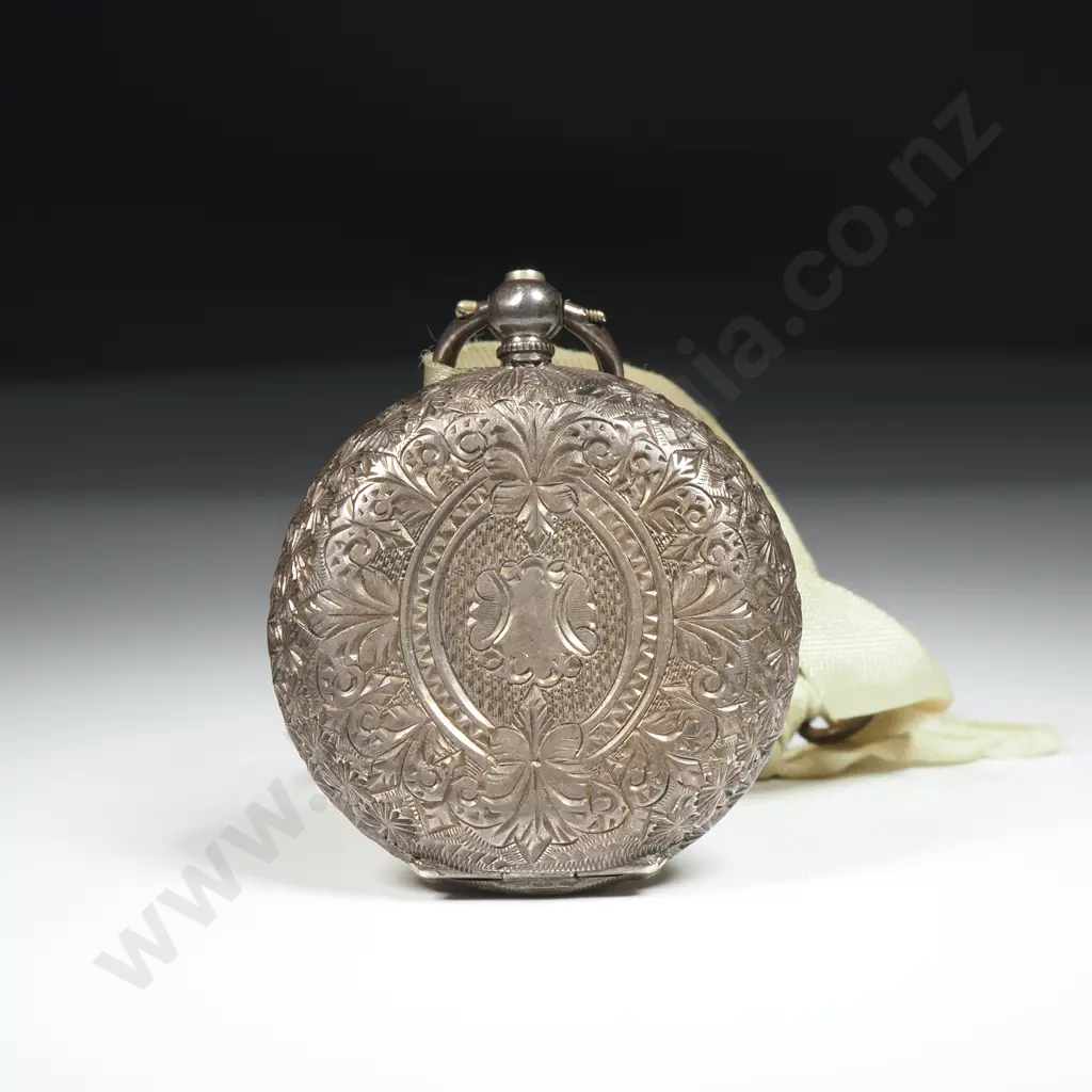Antique Hand Engraved Sterling Silver Cased Key Wind Porcelain Dial Fob Watch - Not Running Image 1++