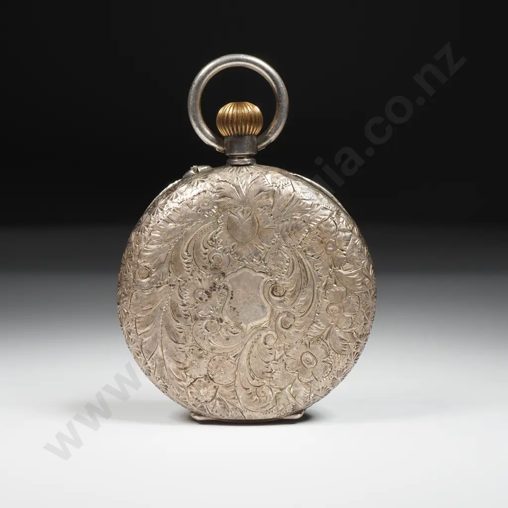 Antique Hand Engraved Sterling Silver Cased Stem Wind Porcelain Dial Fob Watch - Not Running Image 1++