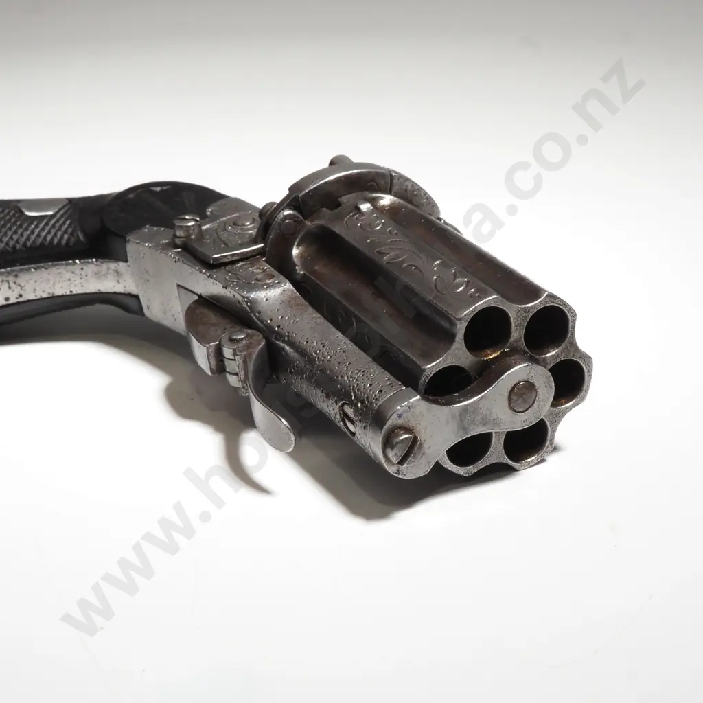 Antique Burr Walnut Cased Six Barrel Pin Fire Revolver w Folding Trigger & Accessories Image 1++