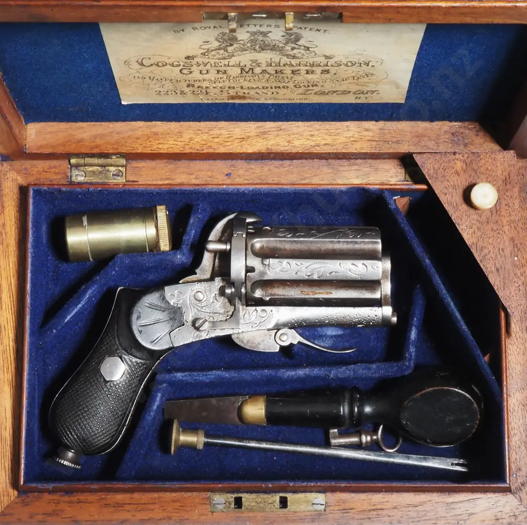 Antique Burr Walnut Cased Six Barrel Pin Fire Revolver w Folding Trigger & Accessories Image 1++