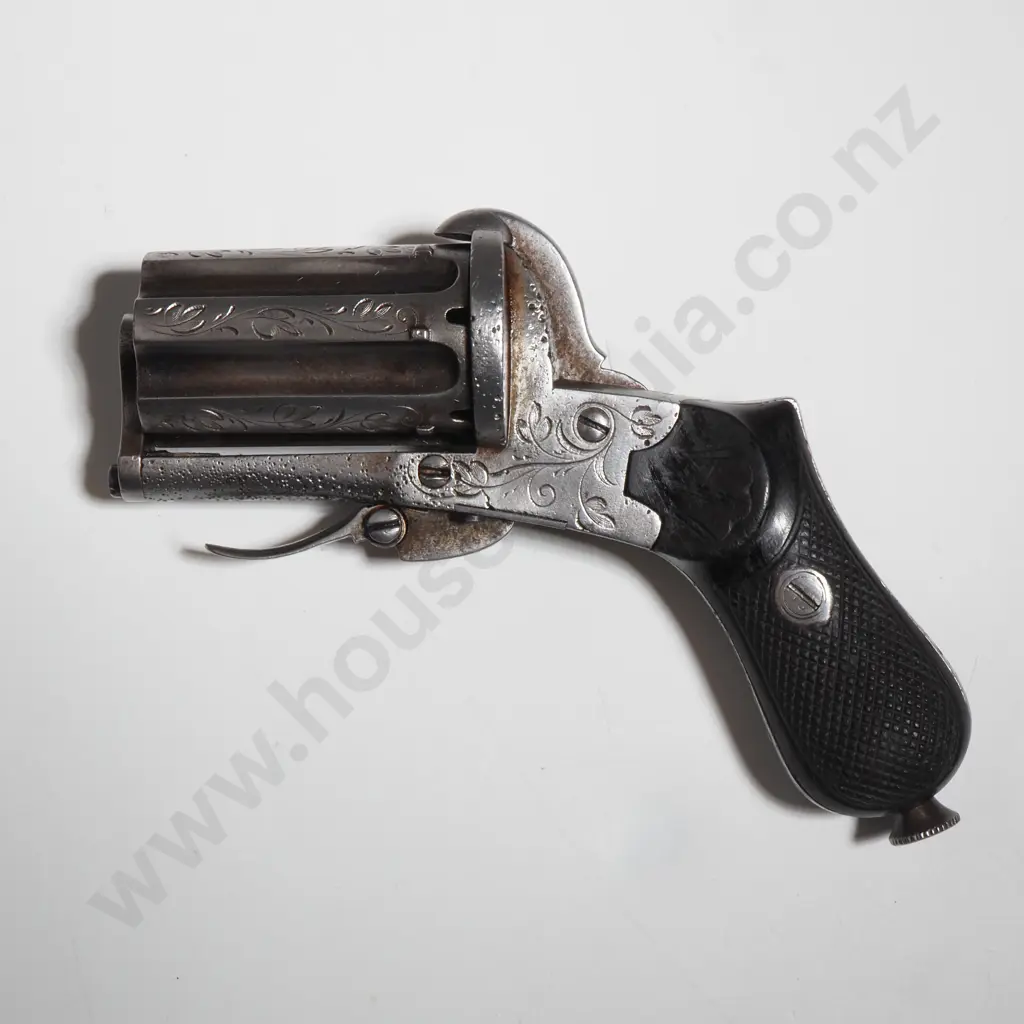 Antique Burr Walnut Cased Six Barrel Pin Fire Revolver w Folding Trigger & Accessories Image 1++