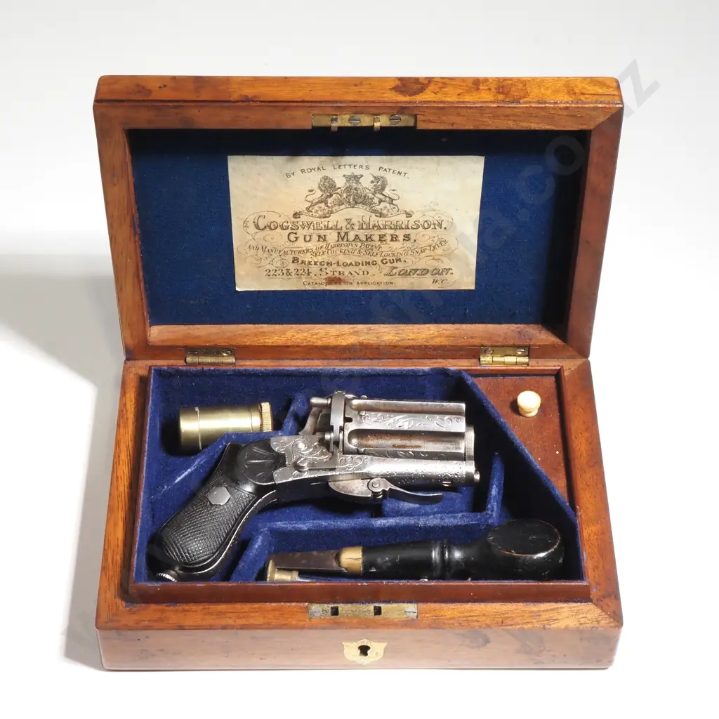 Antique Burr Walnut Cased Six Barrel Pin Fire Revolver w Folding Trigger & Accessories Image 1++