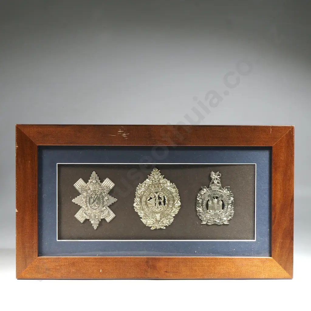 Three Scottish Regimental Badges in Wooden Frame Image 1++