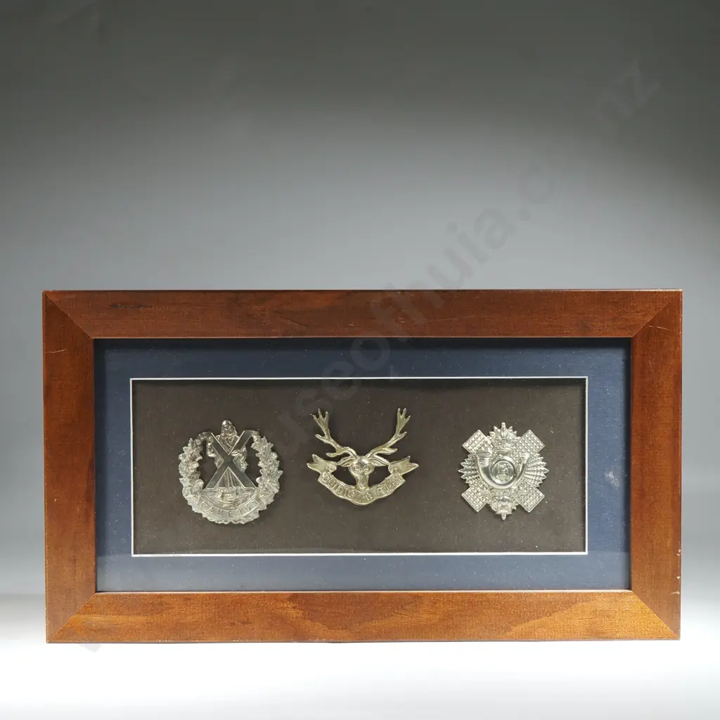 Three Scottish Regimental Badges in Wooden Frame Image 1++