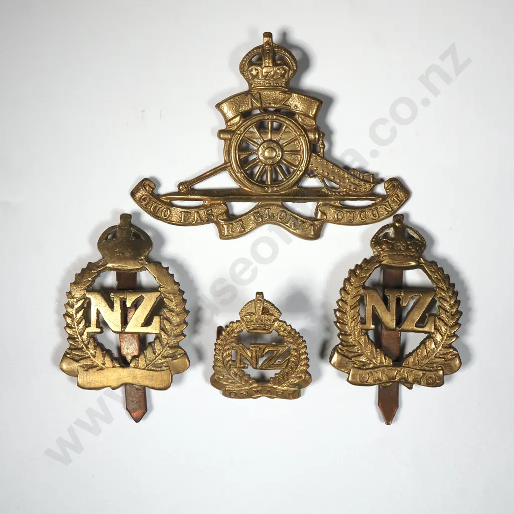 Four Military Badges - Two NZEF Badges, Royal Artillery Cap Badge & NZ Expeditionary Force Cap Badge Image 1++
