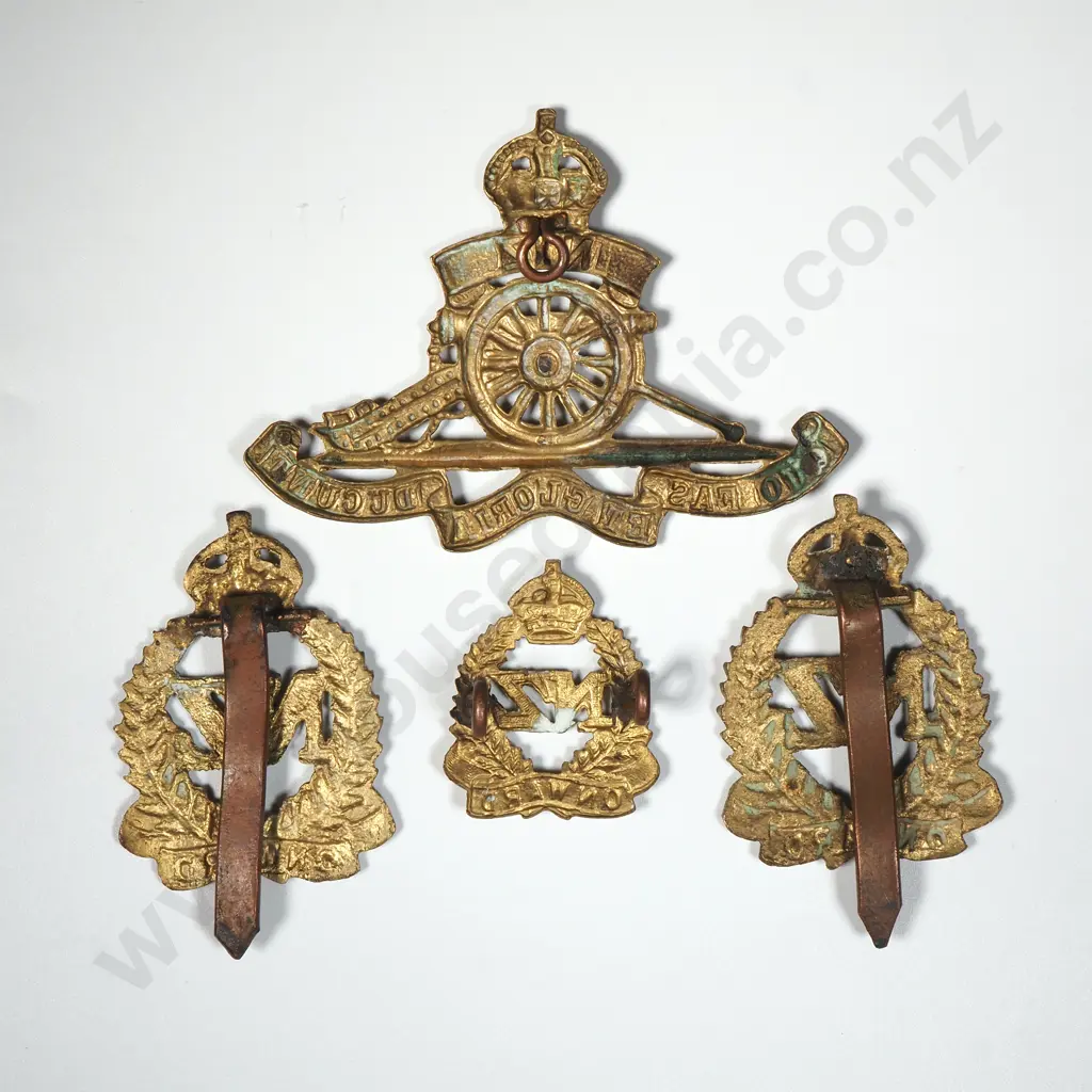 Four Military Badges - Two NZEF Badges, Royal Artillery Cap Badge & NZ Expeditionary Force Cap Badge Image 1++