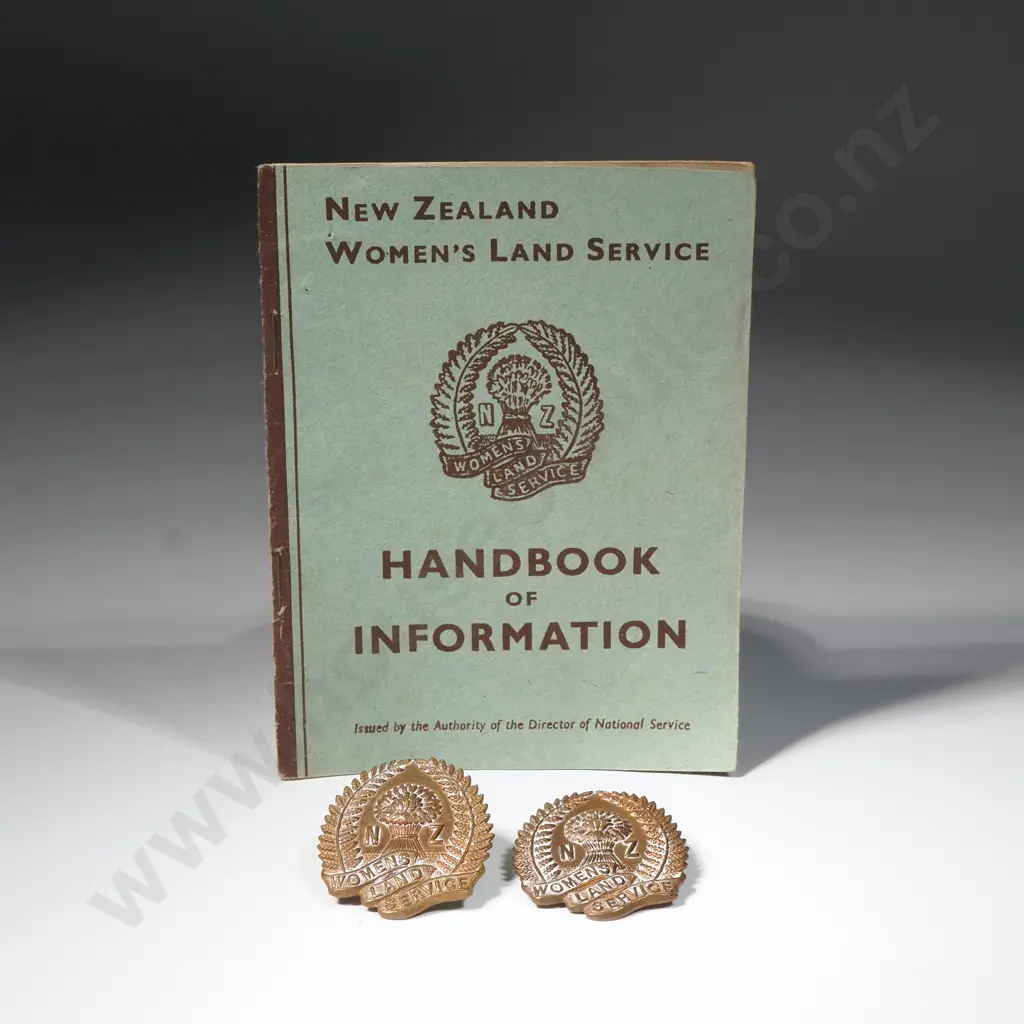 Two New Zealand Women's Land Service Badges w Matching Handbook Image 1++