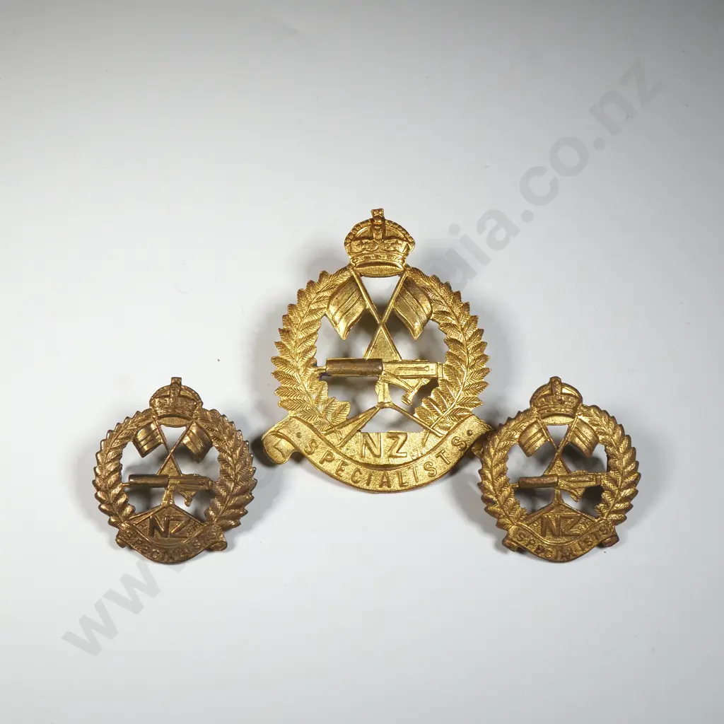 Pair of NZ WW1 Specialist Machine Gun Company Collar Badges & Cap Badge Image 1++