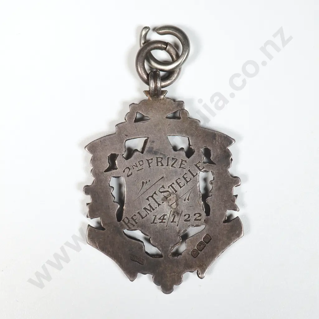 Sterling Silver & 9ct Gold Fob Medal - Second Prize Rflm Steele 1922. Image 1++