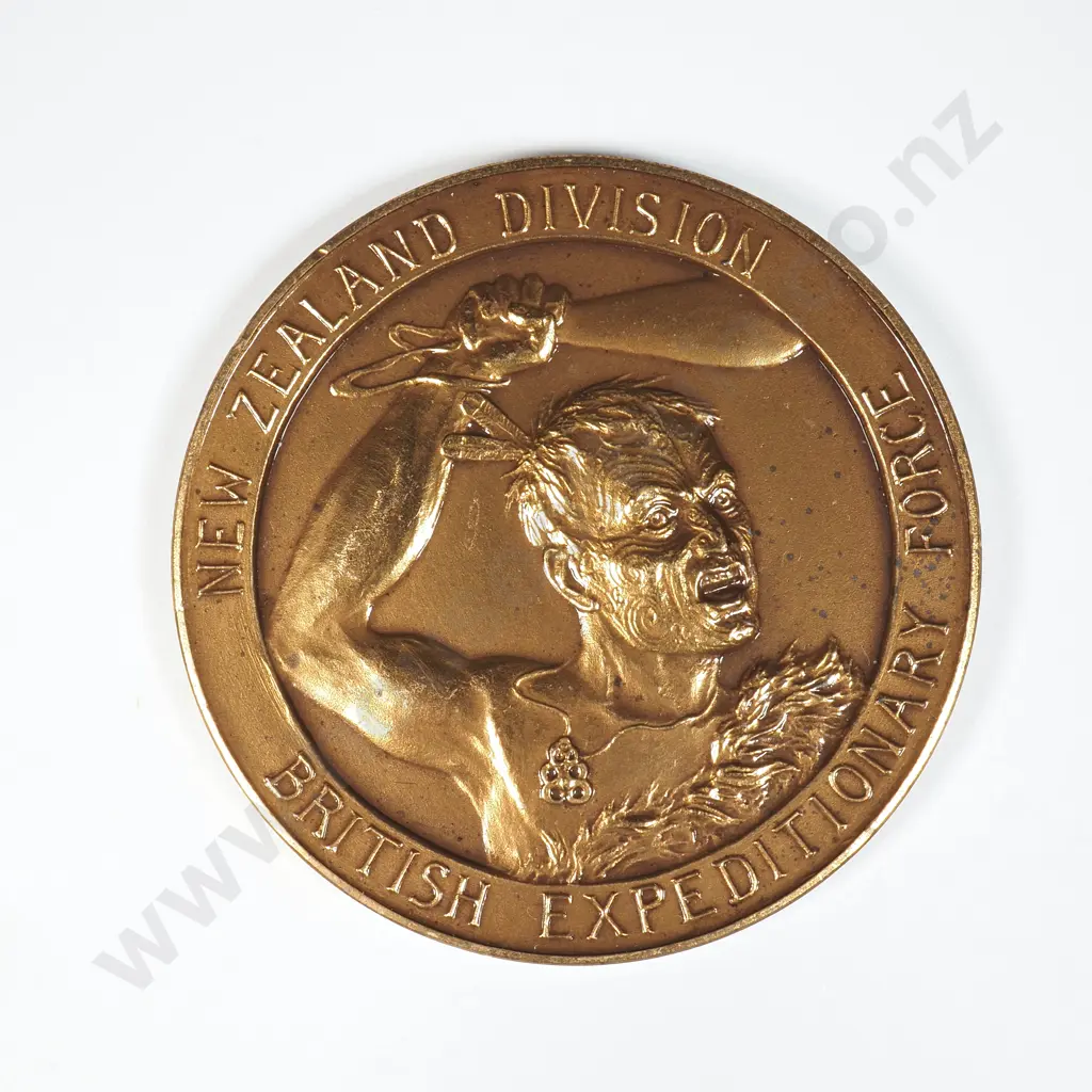 Bronze medal “NEW ZEALAND DIVISION / BRITISH EXPEDITIONARY FORCE”, engraved “DIVISIONAL BAND CONTEST / THIRD BAND / PTE. A. BOGLE / 2ND BN WELLINGTON REGT”, C.1917. 45mm. It is listed in the Medallic Commemoratives of New Zealand 1865-1940 by Leon Morel as number B/1 Image 1++