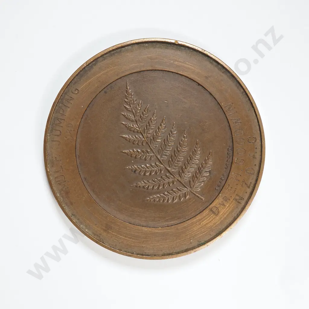 Bronze medal “NEW ZEALAND DIVISION / BRITISH EXPEDITIONARY FORCE”, engraved “MULE JUMPING / 3RD / DVR. E. H. GOODWIN / N.Z.D.A.C.”. C.1917. 45mm. It is listed in the Medallic Commemoratives of New Zealand 1865-1940 by Leon Morel as number B/1 Image 1++