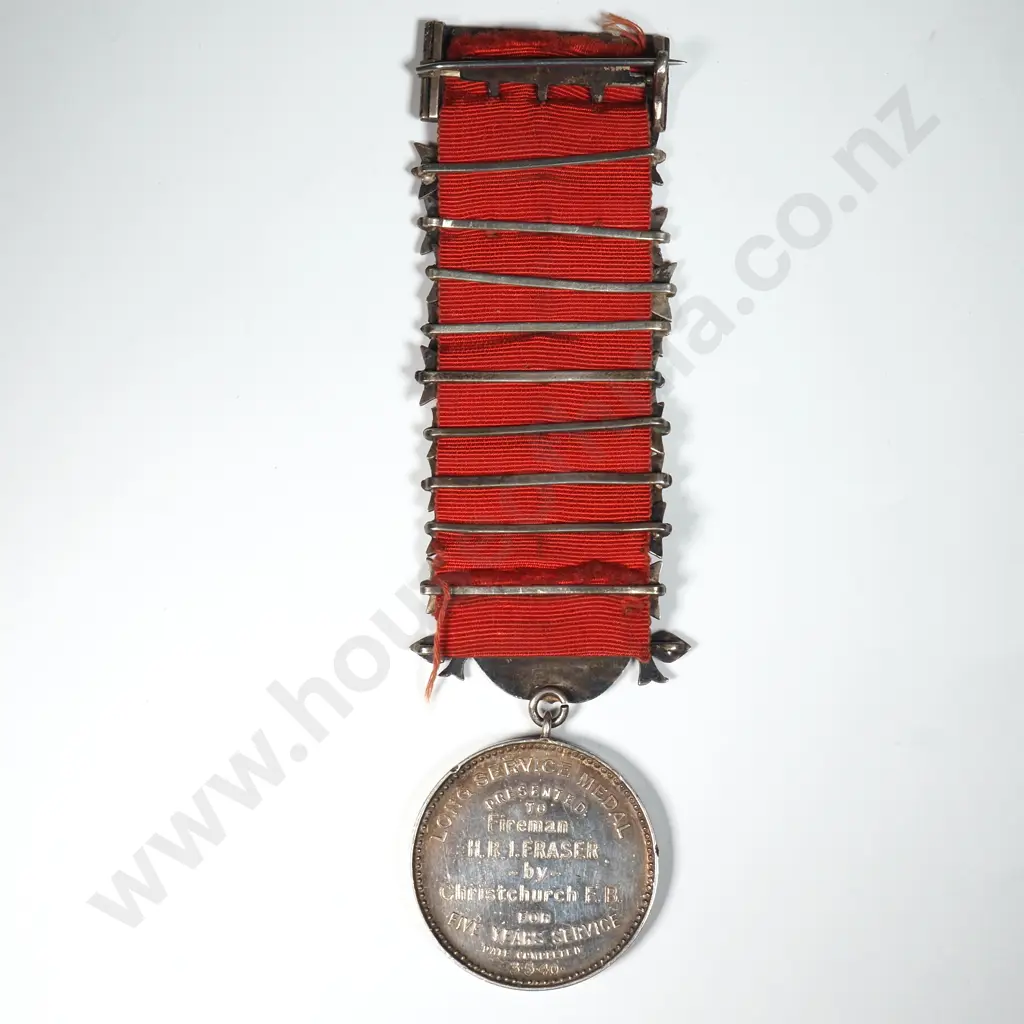 1940 UFBA Long Service Medal to H R I Fraser by CHCH Fire Brigade Image 1++