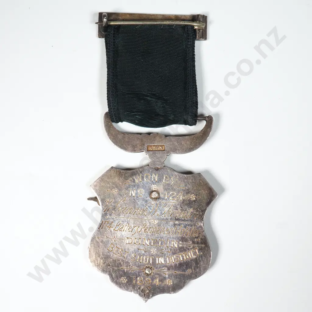 Sterling Silver New Zealand Government Best Shot in District Medal by Kohn to Gunner W Thornton Dunedin 1894 Image 1++
