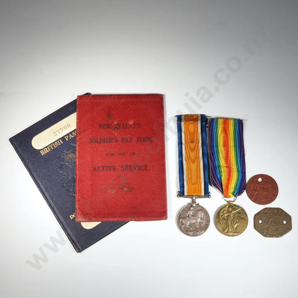 WW1 Pair to 2/3103 Wilfred Thomas NZEF w Paybook, Dogtags, Passport Image 1++