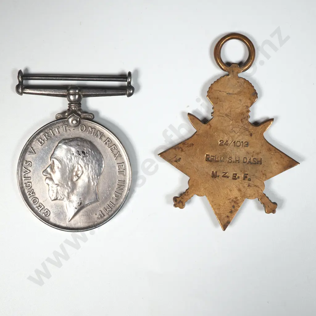 WW1 BWM & 1914/15 Star Named to 24/1012 RFLM S H Dash NZEF Image 1++