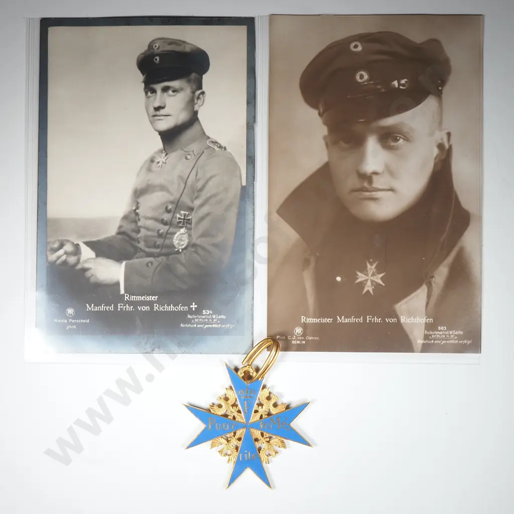 Two Postcard Photos of Manfred von Richthofen & Repro Blue Max Medal Image 1++