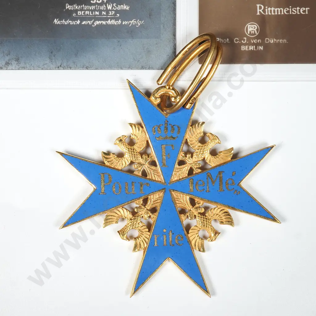 Two Postcard Photos of Manfred von Richthofen & Repro Blue Max Medal Image 1++