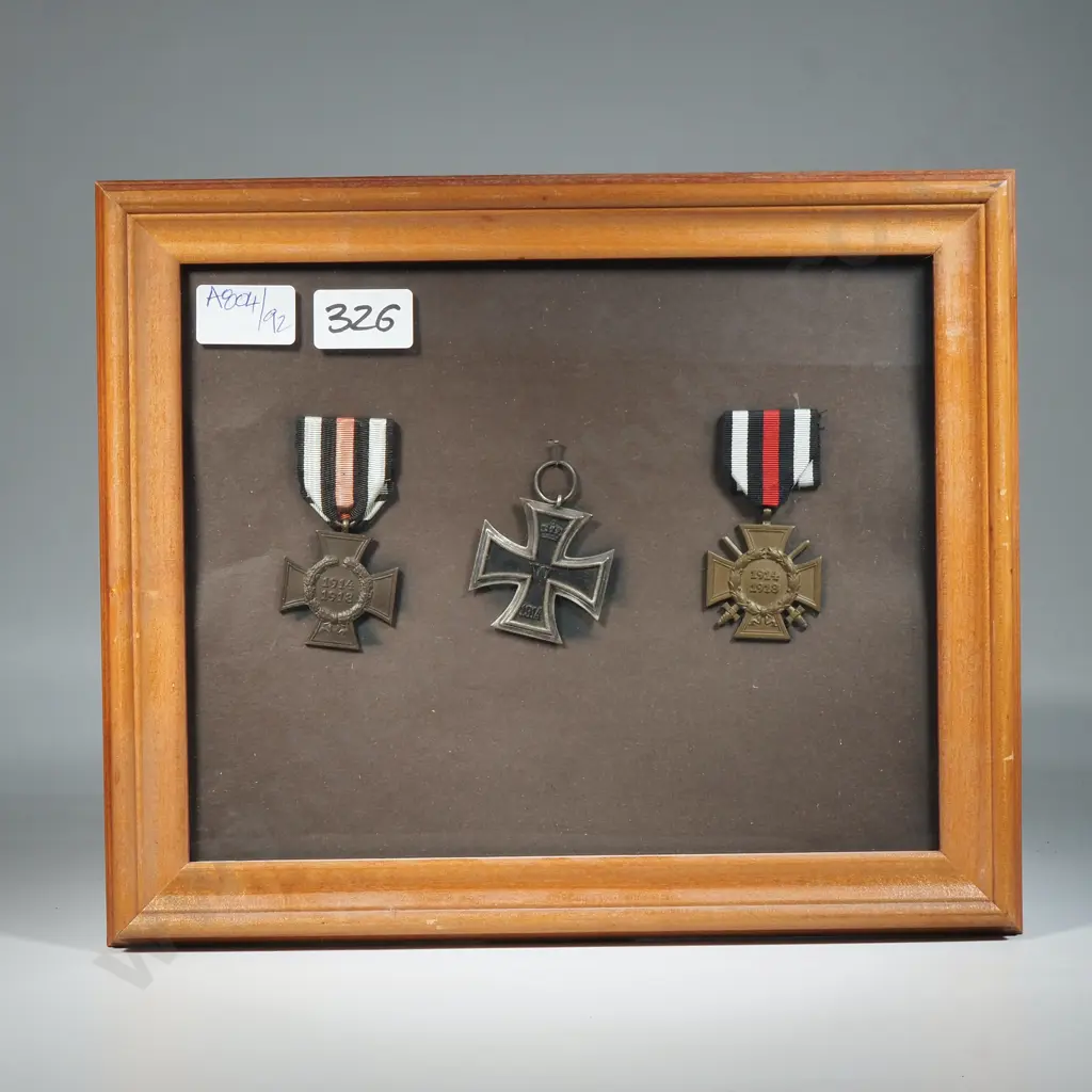 Three WW1 German Medals incl Iron Cross 2nd Class in Wooden Frame Image 1++
