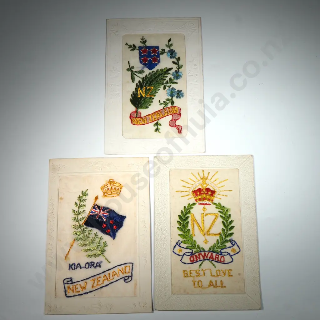 Three WW1 New Zealand Embroidered Silk Postcards Image 1++