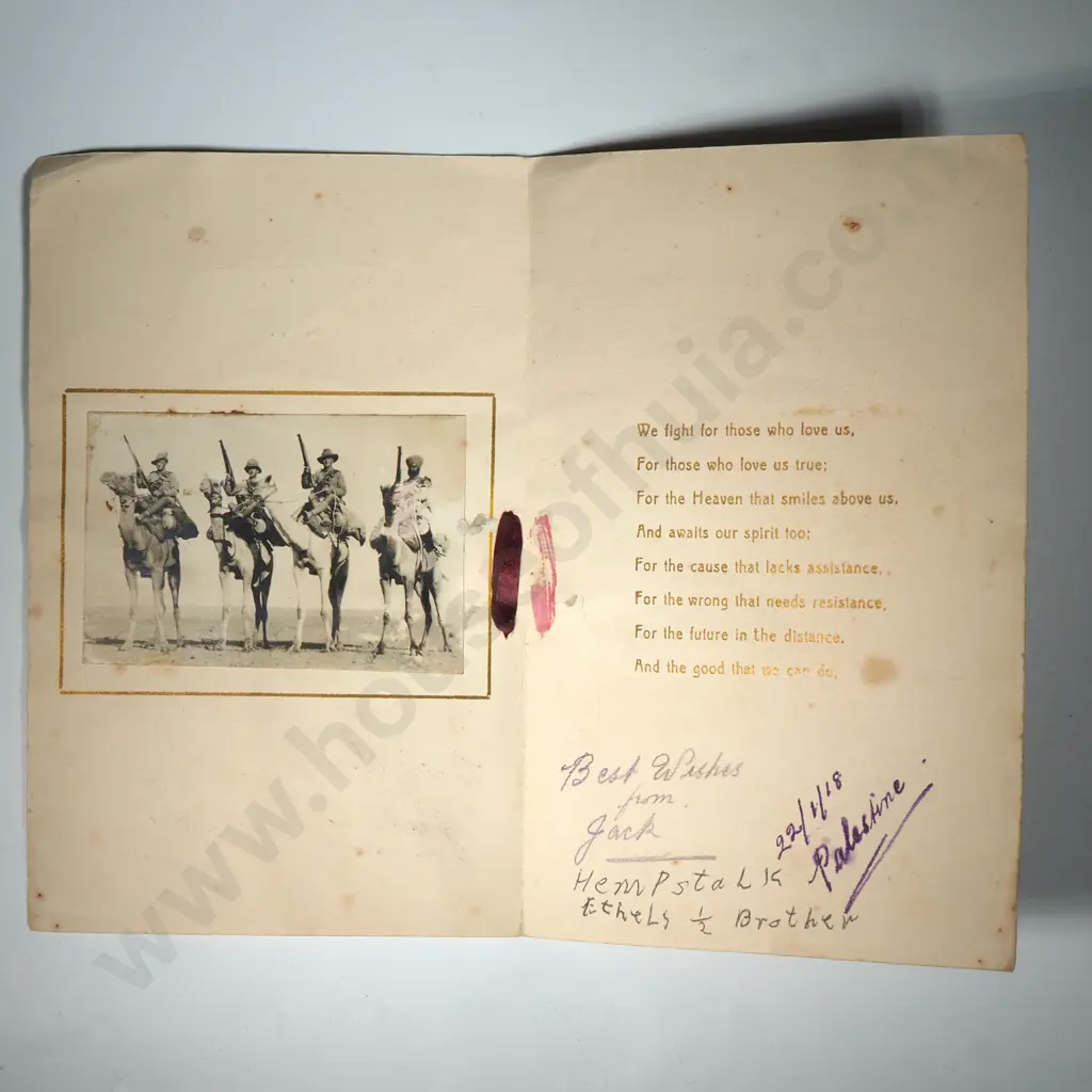 Scarce WW1 New Zealand Camel Corp Greeting Card from Palestine 22/1/1918 Image 1++