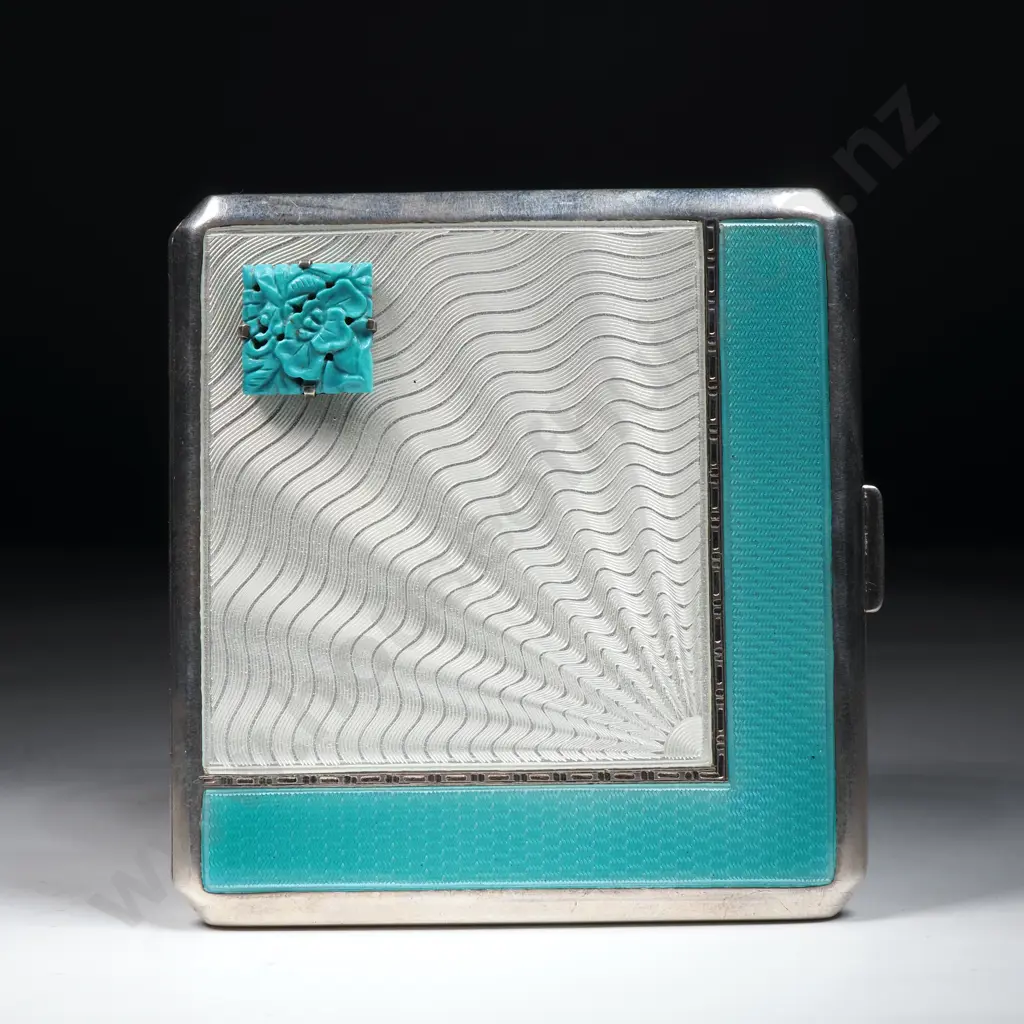 Art Deco Sterling SIlver & Guilloche Enamel Card / Cigarette Case - Radiating Design in Opalescent & Turquoise w Gilding Image 1++