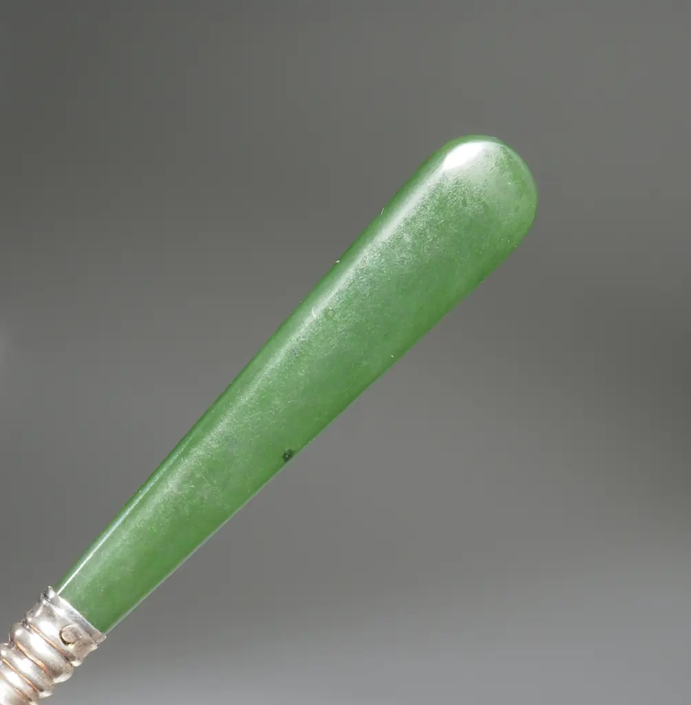 Fancy Antique Sterling Silver Collar / Mayoral Chain Necklace w Silver Capped Greenstone Pendant Image 1++