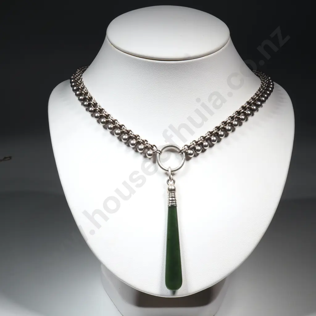 Fancy Antique Sterling Silver Collar / Mayoral Chain Necklace w Silver Capped Greenstone Pendant Image 1++