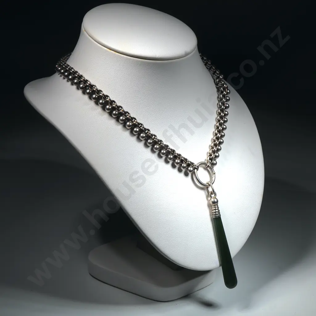 Fancy Antique Sterling Silver Collar / Mayoral Chain Necklace w Silver Capped Greenstone Pendant Image 1++