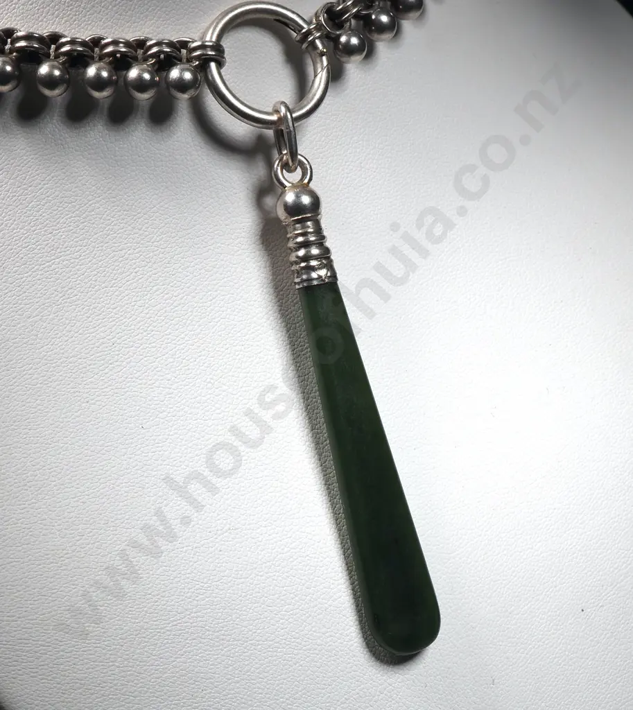 Fancy Antique Sterling Silver Collar / Mayoral Chain Necklace w Silver Capped Greenstone Pendant Image 1++