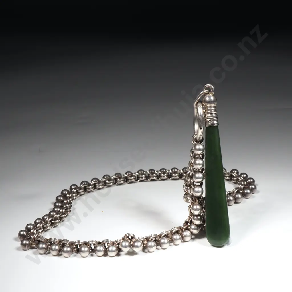 Fancy Antique Sterling Silver Collar / Mayoral Chain Necklace w Silver Capped Greenstone Pendant Image 1++