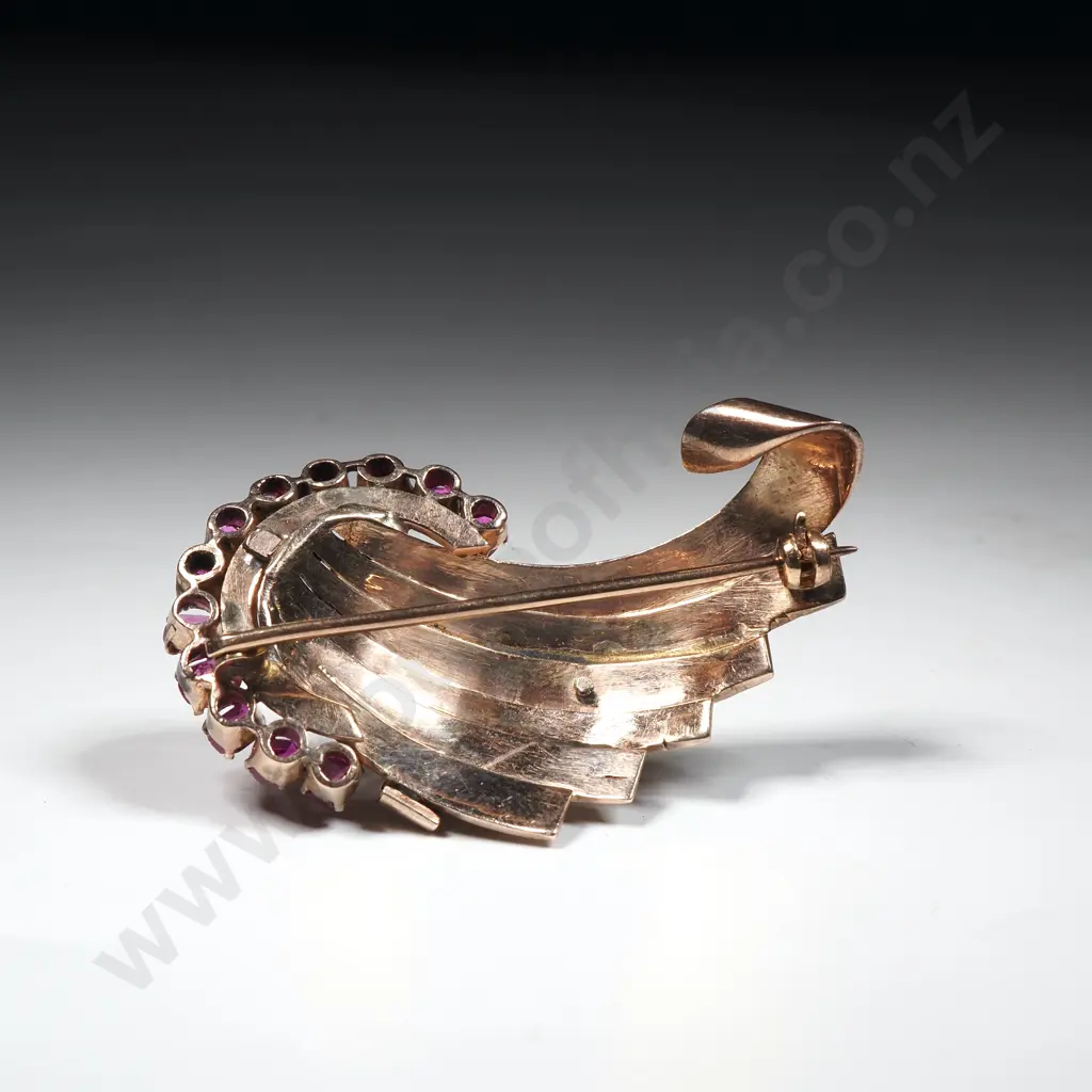 Rolled Gold Art Deco Spray Brooch w Synthetic Rubies Image 1++