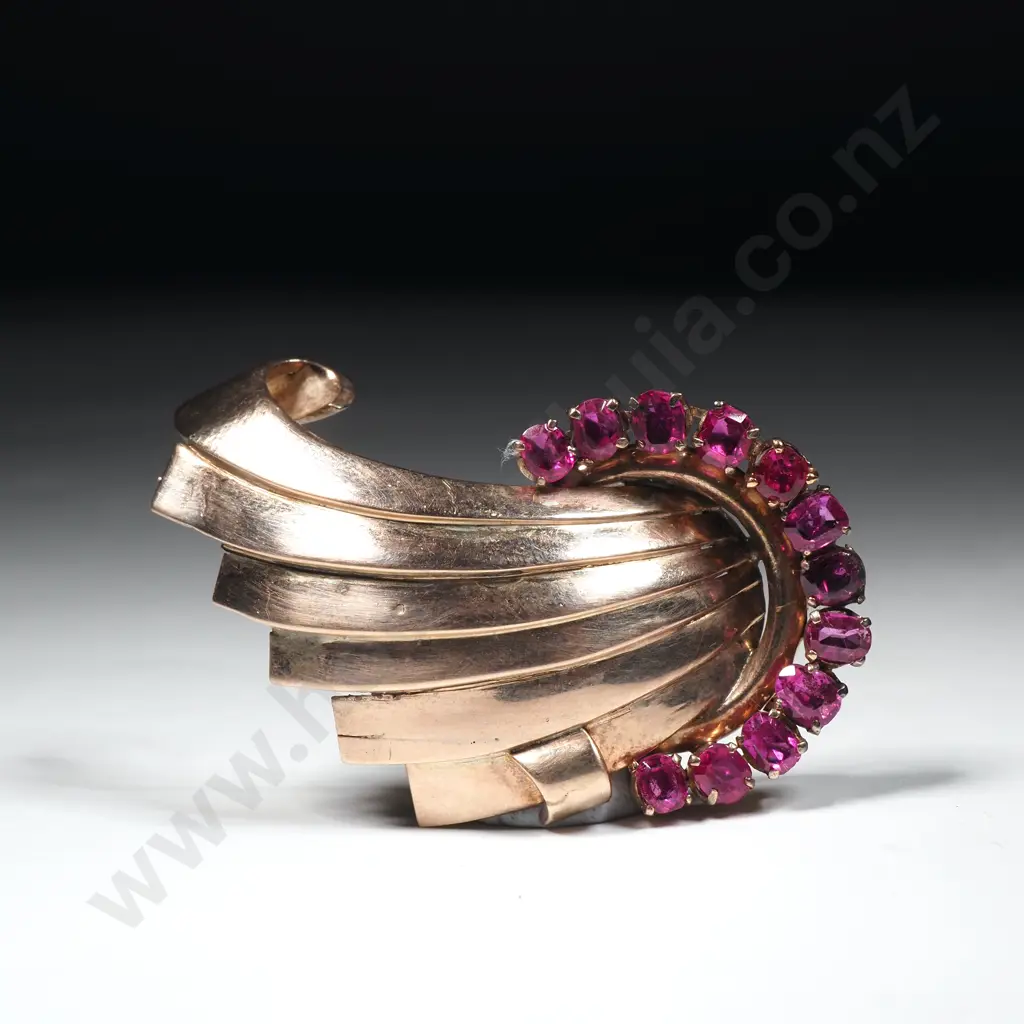 Rolled Gold Art Deco Spray Brooch w Synthetic Rubies Image 1++