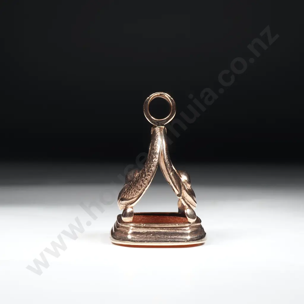 Impressive Rose Gold Seal w Dolphin Supports - Carnelian Stone w Carved Lions Head over " GC" Image 1++