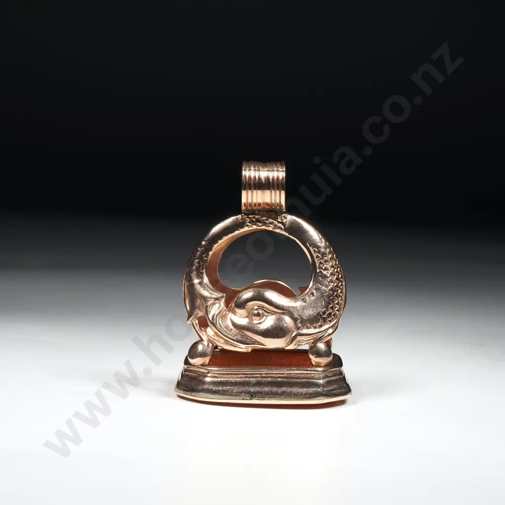 Impressive Rose Gold Seal w Dolphin Supports - Carnelian Stone w Carved Lions Head over " GC" Image 1++