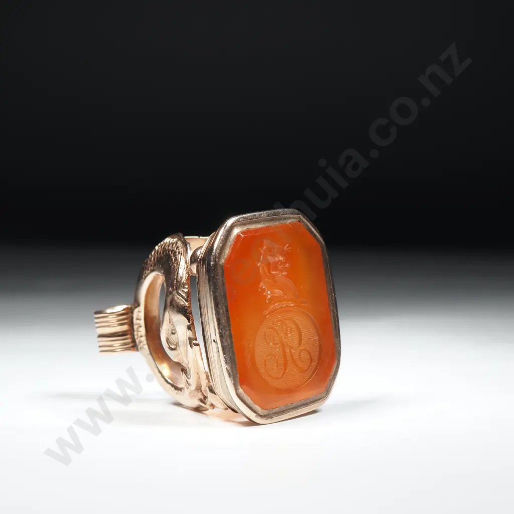 Impressive Rose Gold Seal w Dolphin Supports - Carnelian Stone w Carved Lions Head over " GC" Image 1++