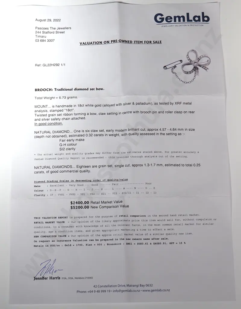 Handmade 18ct White Gold Diamond Traditional Diamond Set Bow Brooch w Valuation $5,200.00 Image 1++