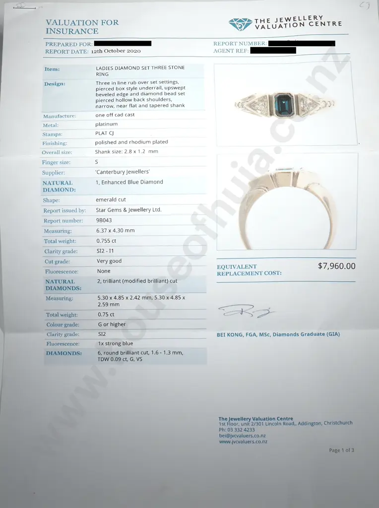 Platinum & Blue Diamond Ring w Valuation of $7,960 Image 1++