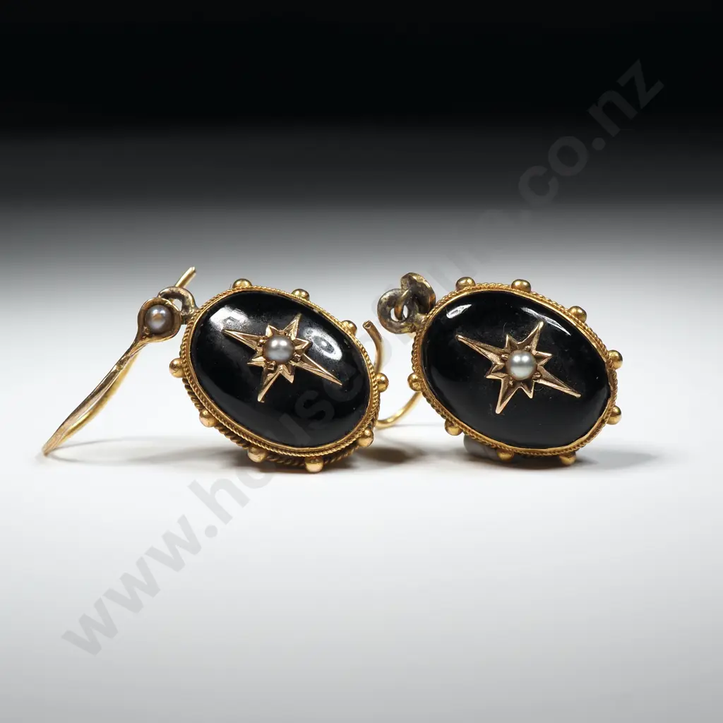 Antique 18ct Gold Enamel & Seed Pearl Drop Earrings w 9ct Gold Shepherds Hooks Image 1++