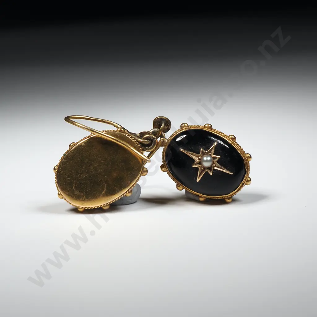 Antique 18ct Gold Enamel & Seed Pearl Drop Earrings w 9ct Gold Shepherds Hooks Image 1++