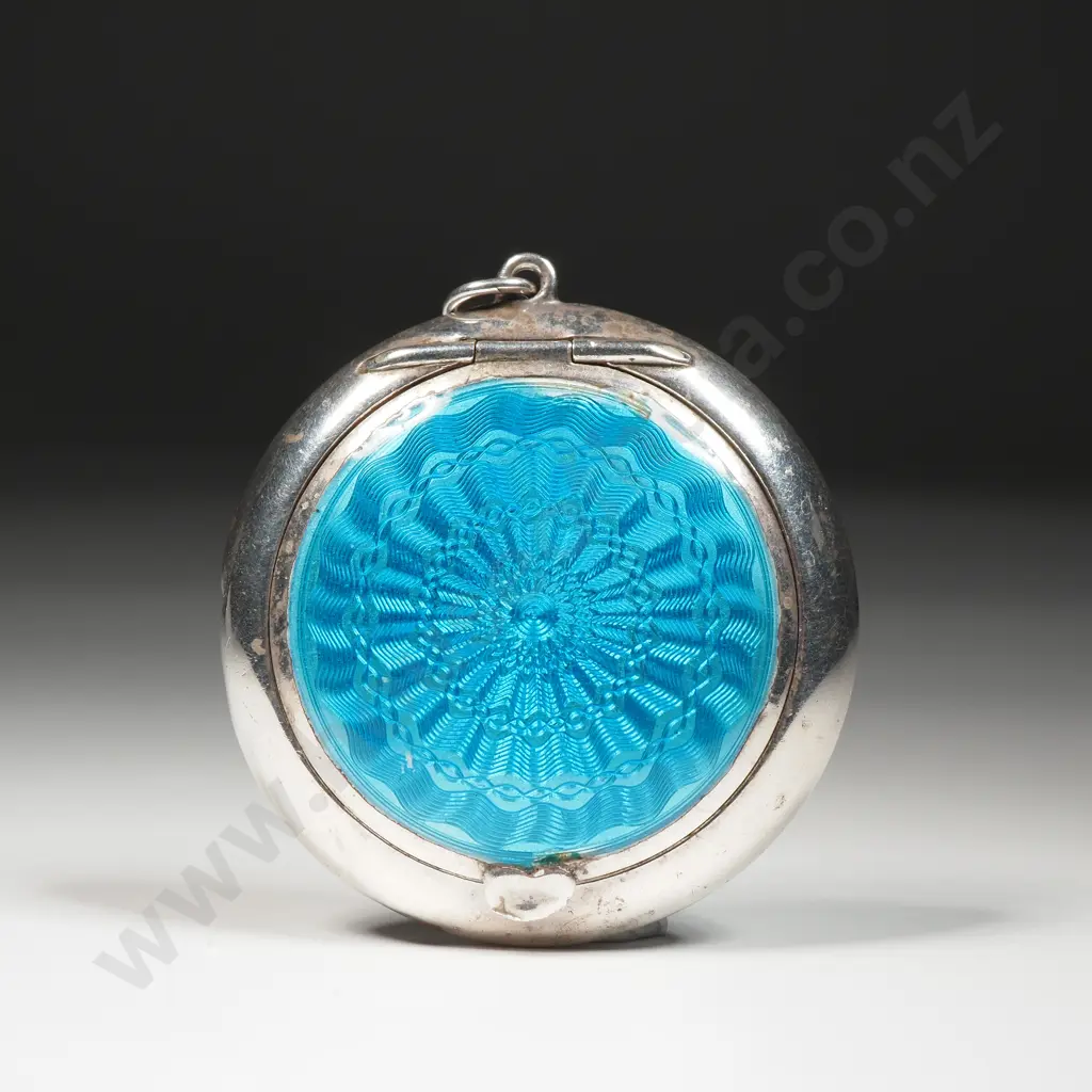 Sterling Silver & Machine Turned Blue Enamel Lid Compact Image 1++