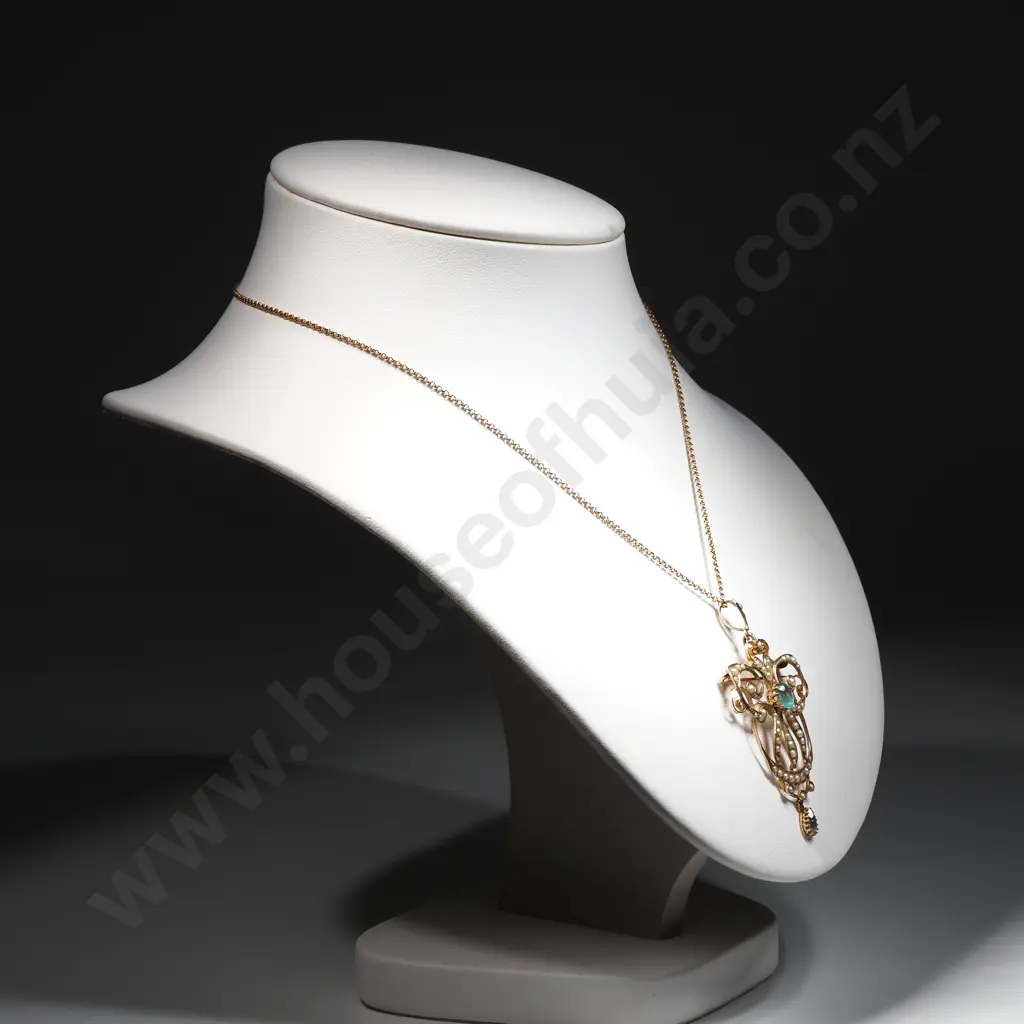 Exquisite Edwardian 9ct Gold Seed Pearl & Paste Stone Brooch / Pendant on Period 9ct Gold Chain Image 1++