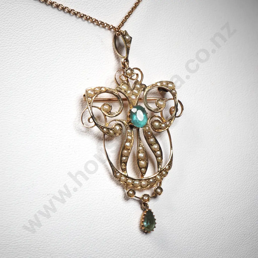 Exquisite Edwardian 9ct Gold Seed Pearl & Paste Stone Brooch / Pendant on Period 9ct Gold Chain Image 1++