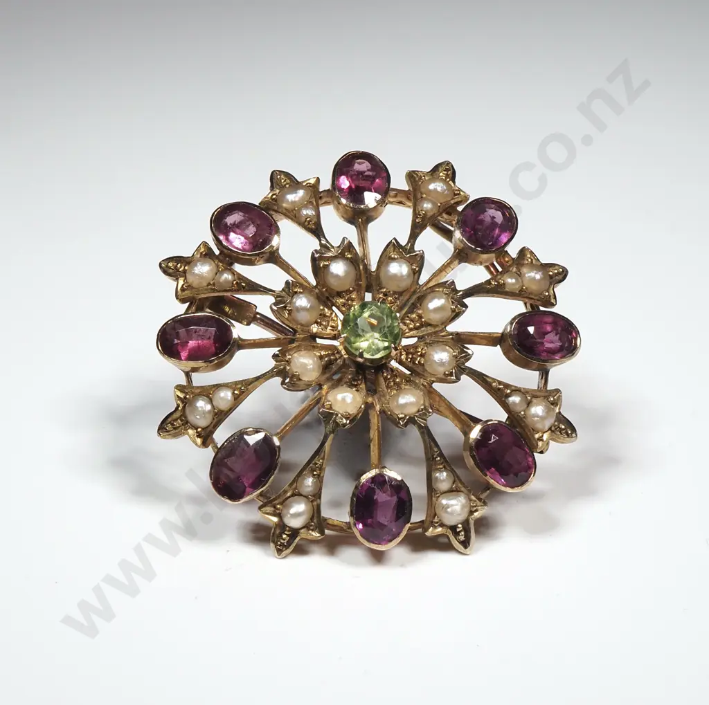 Exquisite Edwardian 9ct Gold Multi Gem Set Target Brooch in Period Box Image 1++