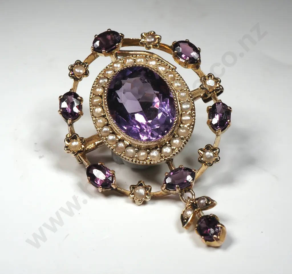 Antique 9ct Gold Amethyst & Seed Pearl Pendant / Brooch Image 1++