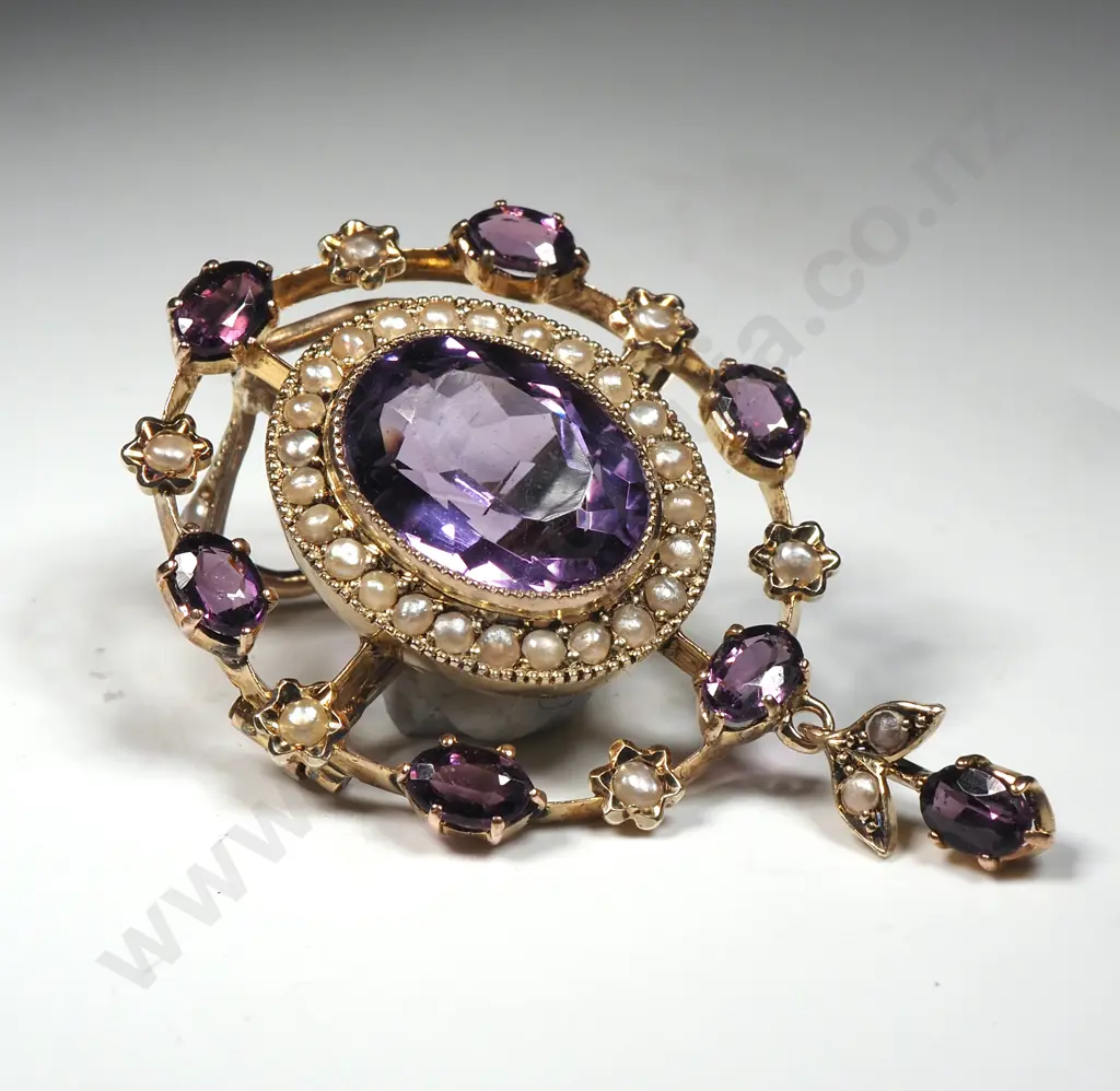 Antique 9ct Gold Amethyst & Seed Pearl Pendant / Brooch Image 1++