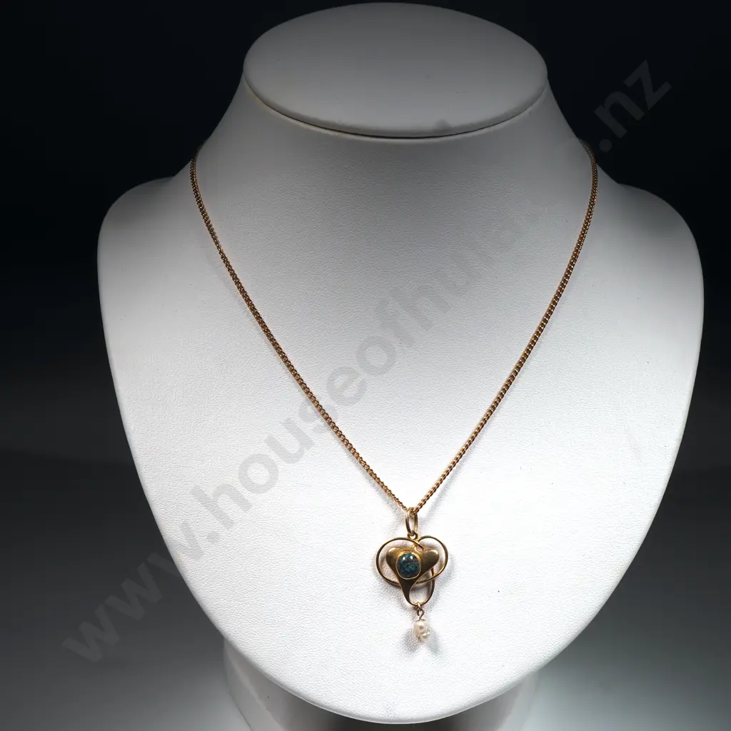 Exquisite Arts & Crafts Stylised Heart w Turquoise Insert & Pearl Drop Murrle Bennett 15ct Gold Pendant / Necklace Image 1++