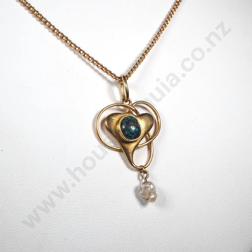 Exquisite Arts & Crafts Stylised Heart w Turquoise Insert & Pearl Drop Murrle Bennett 15ct Gold Pendant / Necklace Image 1++